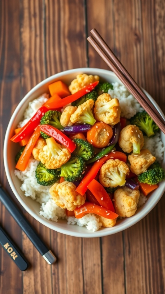 A colorful bowl of cauliflower stir-fry with bell peppers, broccoli, and carrots, garnished with sesame seeds, served over rice.